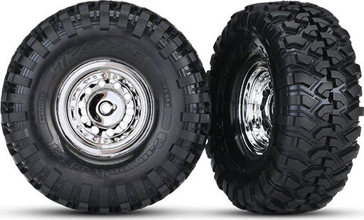 Tires and wheels, assembled, glued (1.9" chrome wheels, Canyon Trail 1.9 tires) (2)/ center caps (2)/ decal sheet (requires #8255A extended stub axle)