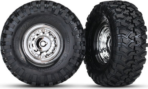 Tires and wheels, assembled, glued (1.9" chrome wheels, Canyon Trail 1.9 tires) (2)/ center caps (2)/ decal sheet (requires #8255A extended stub axle)
