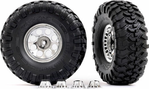 Tires and Wheels, Assembled, Glued (2.2" Classic Chrome Wheels, Canyon Trail 5.3x2.2" Tires, Foam Inserts) (2)/ Center Caps (front (2), Rear (2)) (requires #8255A Extended Thread Stub Axle)