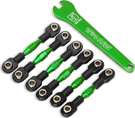 Turnbuckles, aluminum (green-anodized), camber links, 32mm (front) (2)/ camber links, 28mm (rear) (2)/ toe links, 34mm (2)/ aluminum wrench