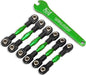 Turnbuckles, aluminum (green-anodized), camber links, 32mm (front) (2)/ camber links, 28mm (rear) (2)/ toe links, 34mm (2)/ aluminum wrench