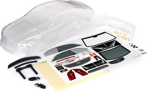 Body, Cadillac CTS-V (clear, requires painting)/ decal sheet (includes side mirrors, spoiler, & mounting hardware)