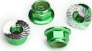 Nuts, 5mm flanged nylon locking (aluminum, green-anodized, serrated) (4)