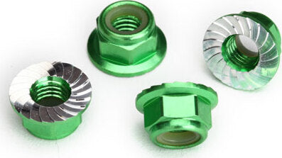 Nuts, 5mm flanged nylon locking (aluminum, green-anodized, serrated) (4)