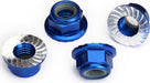 Nuts, 5mm flanged nylon locking (aluminum, blue-anodized, serrated) (4)