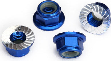 Nuts, 5mm flanged nylon locking (aluminum, blue-anodized, serrated) (4)