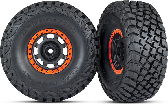 Tires and wheels, assembled, glued (Desert Racer wheels, black with orange beadlock, BFGoodrich Baja KR3 tires) (2)
