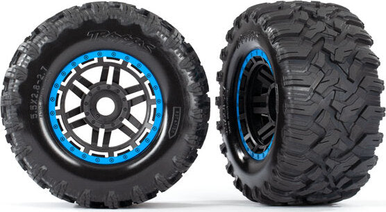 Tires & wheels, assembled, glued (black, blue beadlock style wheels, Maxx® MT tires, foam inserts) (2) (17mm splined) (TSM® rated)
