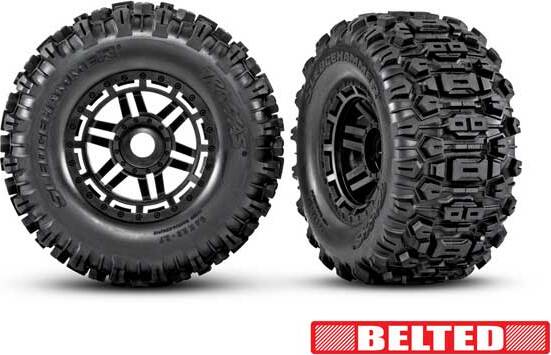 Tires and Wheels, Assembled, Glued (Black Wheels, Belted Sledgehammer® All-Terrain Tires, Foam Inserts) (2) (17Mm Splined) (Tsm® Rated)