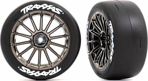 Tires and Wheels, Assembled, Glued (multi-spoke Black Chrome Wheels, 2.0" Slick Tires with Traxxas® Logo, Foam Inserts) (front) (2) (VXL Rated)