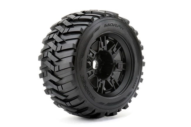 Morph 1/8 Monster Truck Tires Mounted on Black Wheels, 0" Offset, 17mm Hex (1 pair)