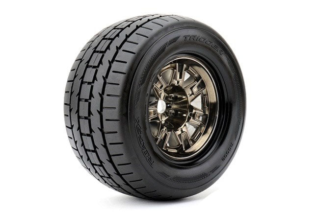 Trigger 1/8 Monster Truck Tires Mounted on Chrome Black Wheels, 1/2" Offset, 17mm Hex (1 pair)