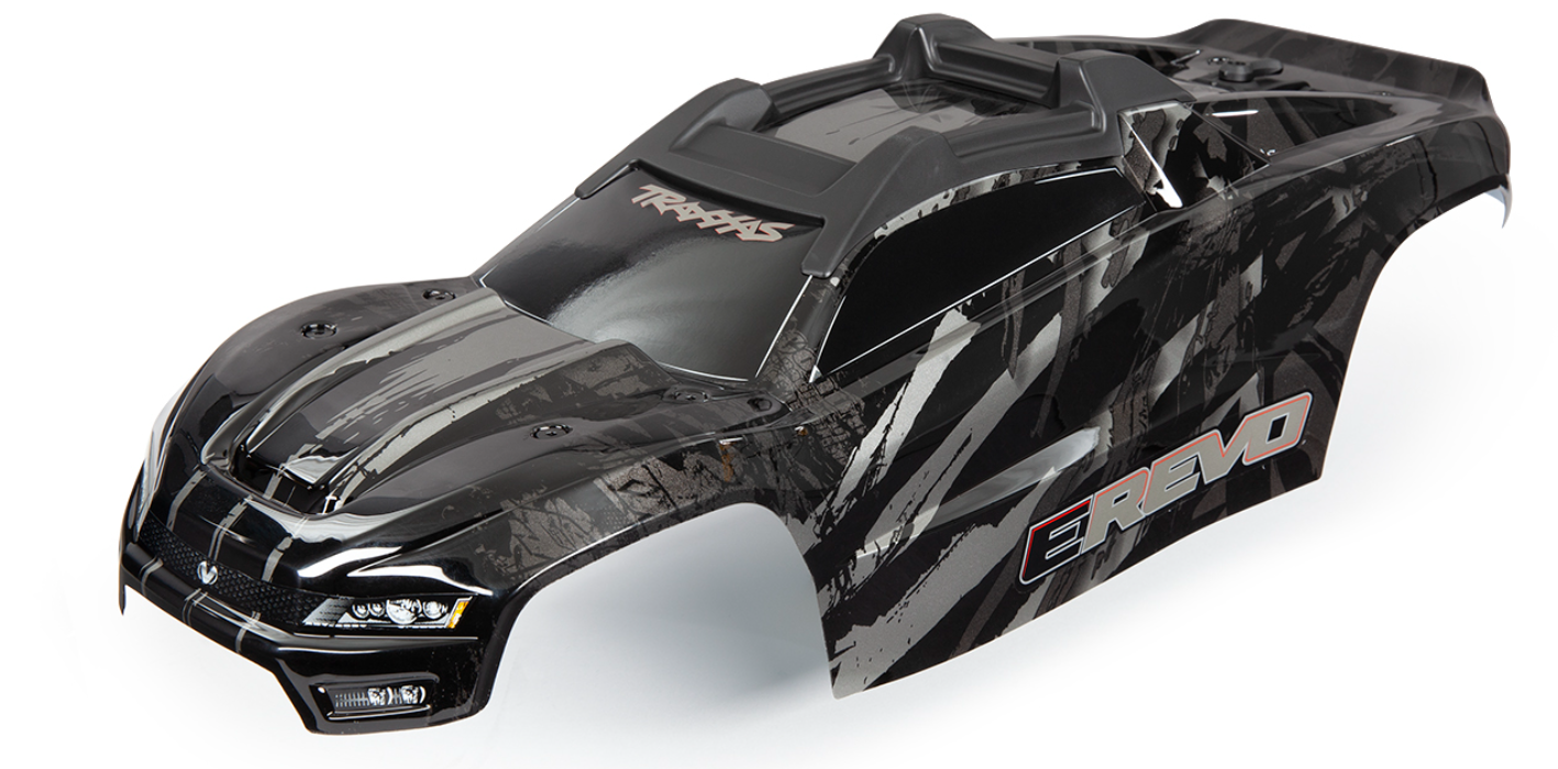Body, E-Revo, black/ window, grille, lights decal sheet (assembled with front & rear body mounts and rear body support for clipless mounting)