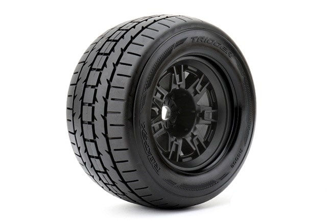 Trigger 1/8 Monster Truck Tires Mounted on Black Wheels, 1/2" Offset, 17mm Hex (1 pair)